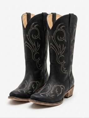 NIB Roper Riley Embroidered Snip Toe Western Cowboy Boots Faux Leather Black 11